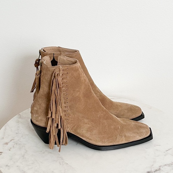 All Saints NEW Layla Cognac Sand Suede Fringe Zip Heel Ankle Booties Size 7 - Picture 10 of 12